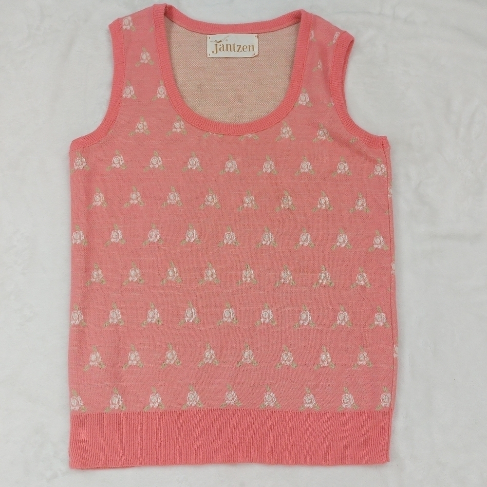 JANTZEN WOMENS PINK FLORAL PREPPY COTTAGECORE KNIT SWEATER VEST SIZE SMALL